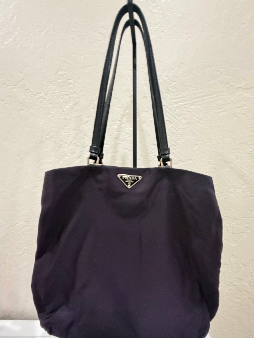 Prada Dark Purple Nylon Tote with Black Leather Straps